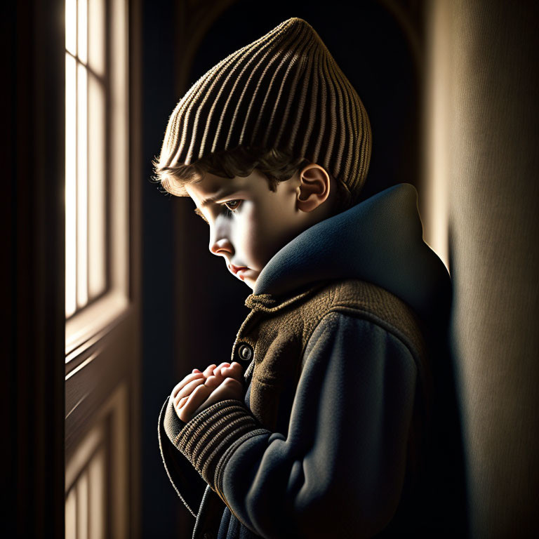 Young boy in striped cap and brown coat gazes out window in soft light