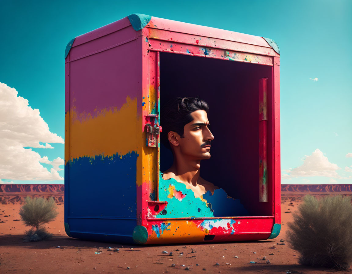 Colorful Paint-Splattered Container in Surreal Desert Landscape