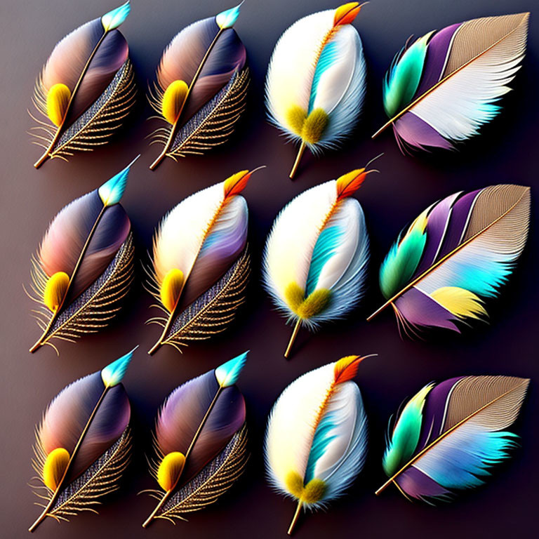 Vibrantly colored digital feathers on dark background