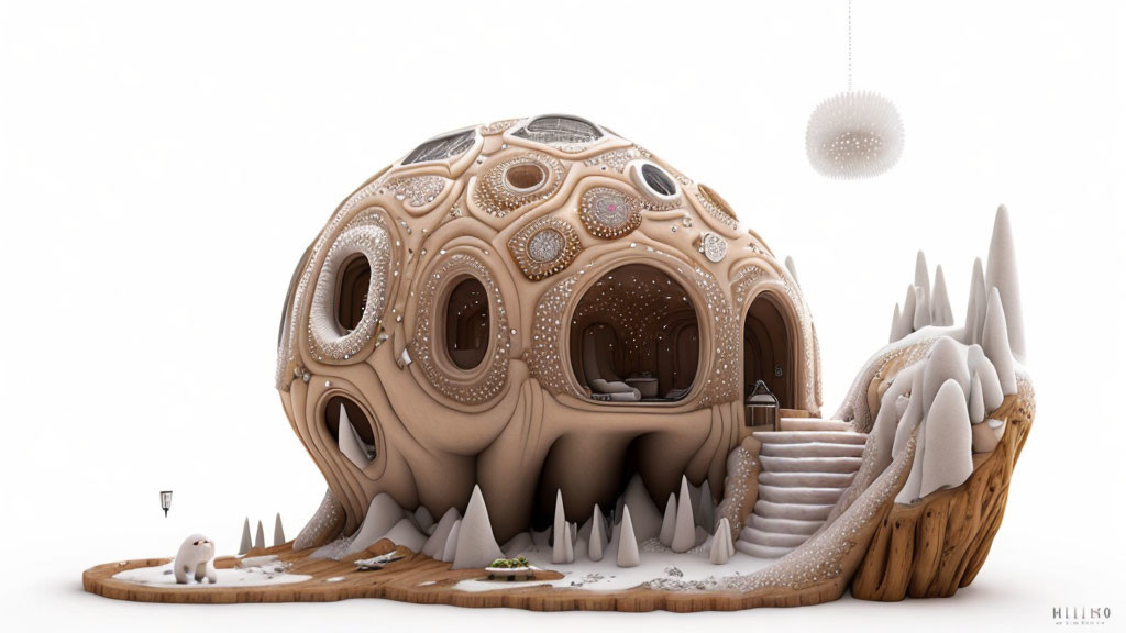 Ornate spherical house in snowy landscape with polar bear and unique lamp