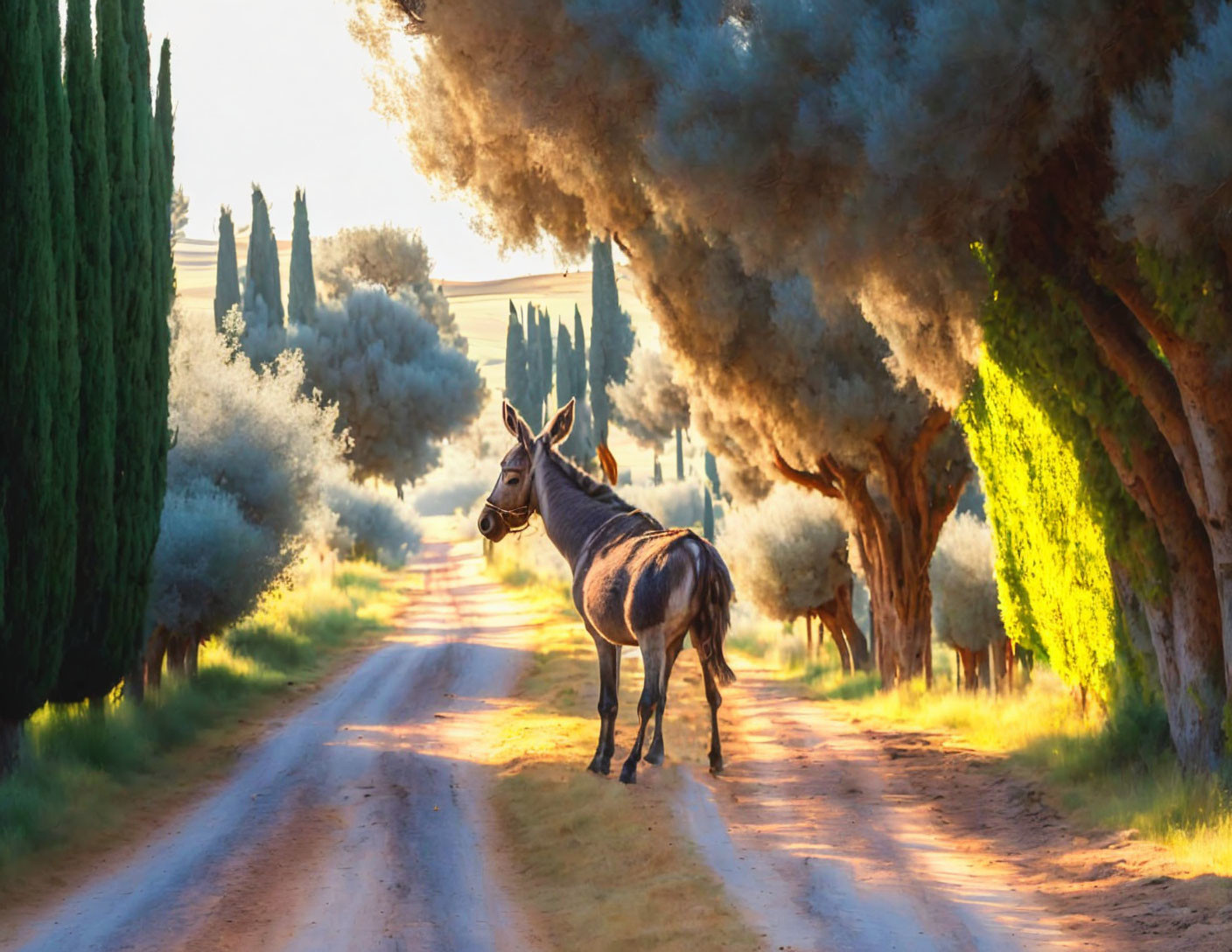 Donkey on dusty road flanked by tall trees under warm light