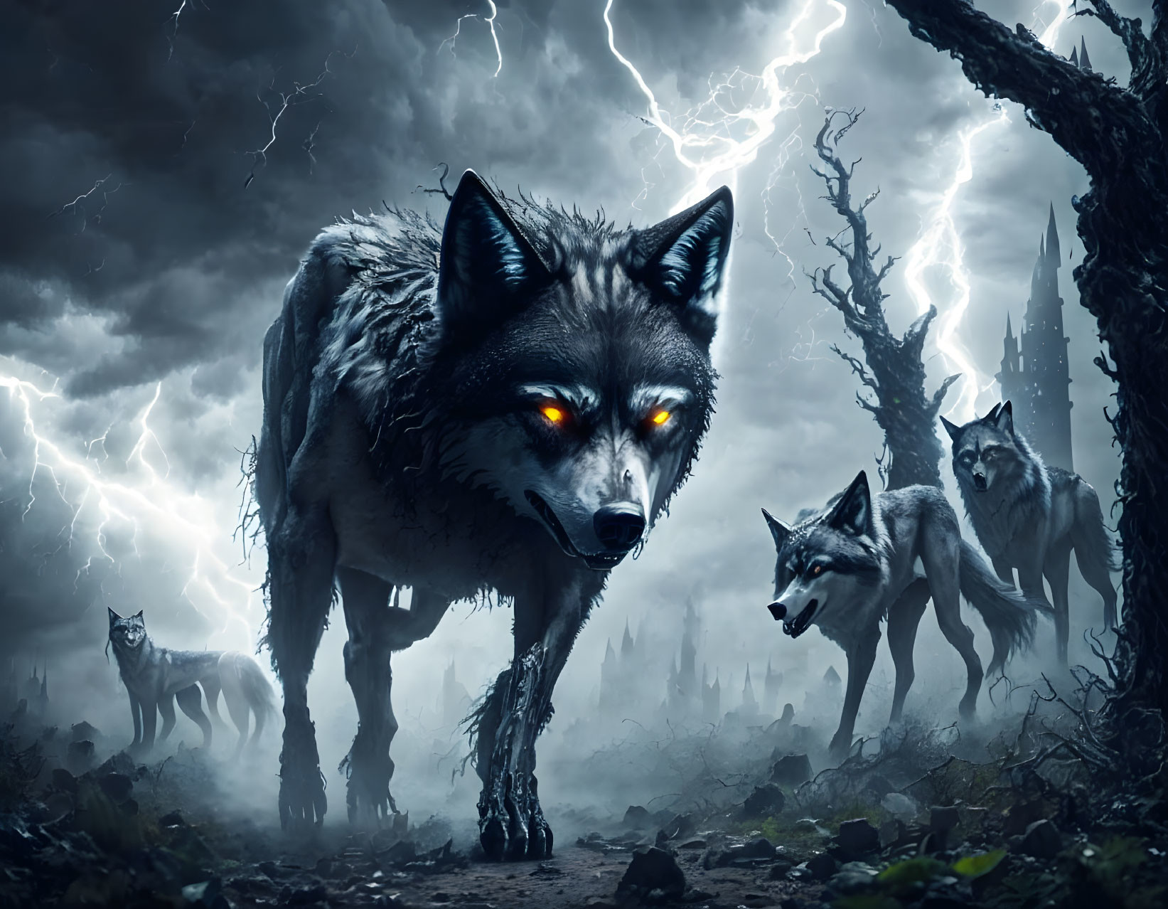 Pack of Wolves Led by Dominant Alpha in Stormy Forest with Lightning