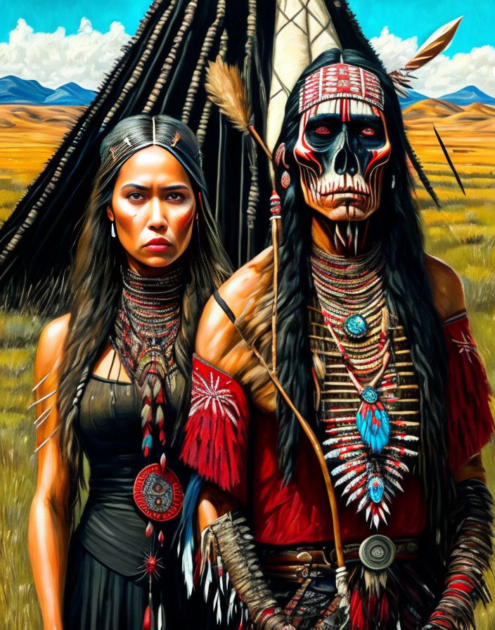 Native American man and woman in traditional attire against golden prairie