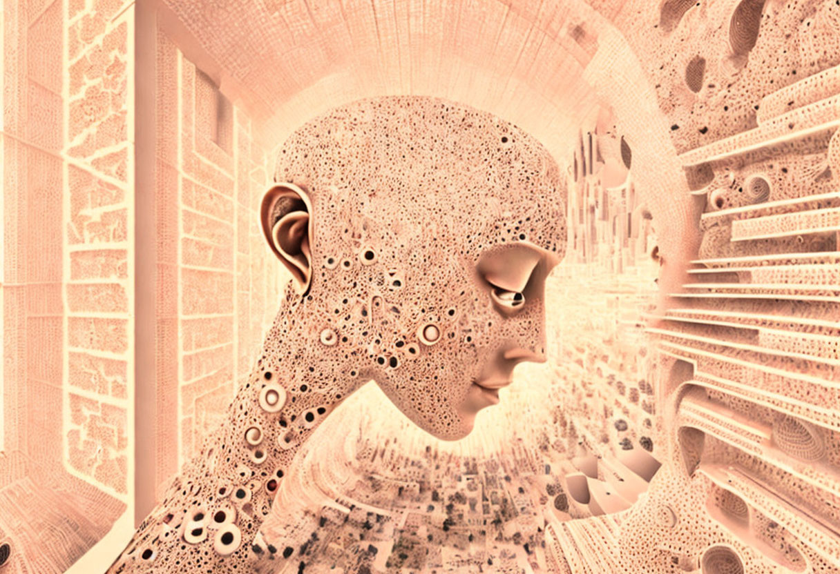 Surreal Human-like Profile in Porous Texture on Fractal Background