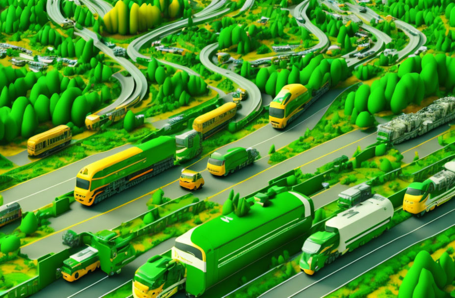 Toy-like landscape with vibrant green and yellow colors and busy roads with buses and trucks.