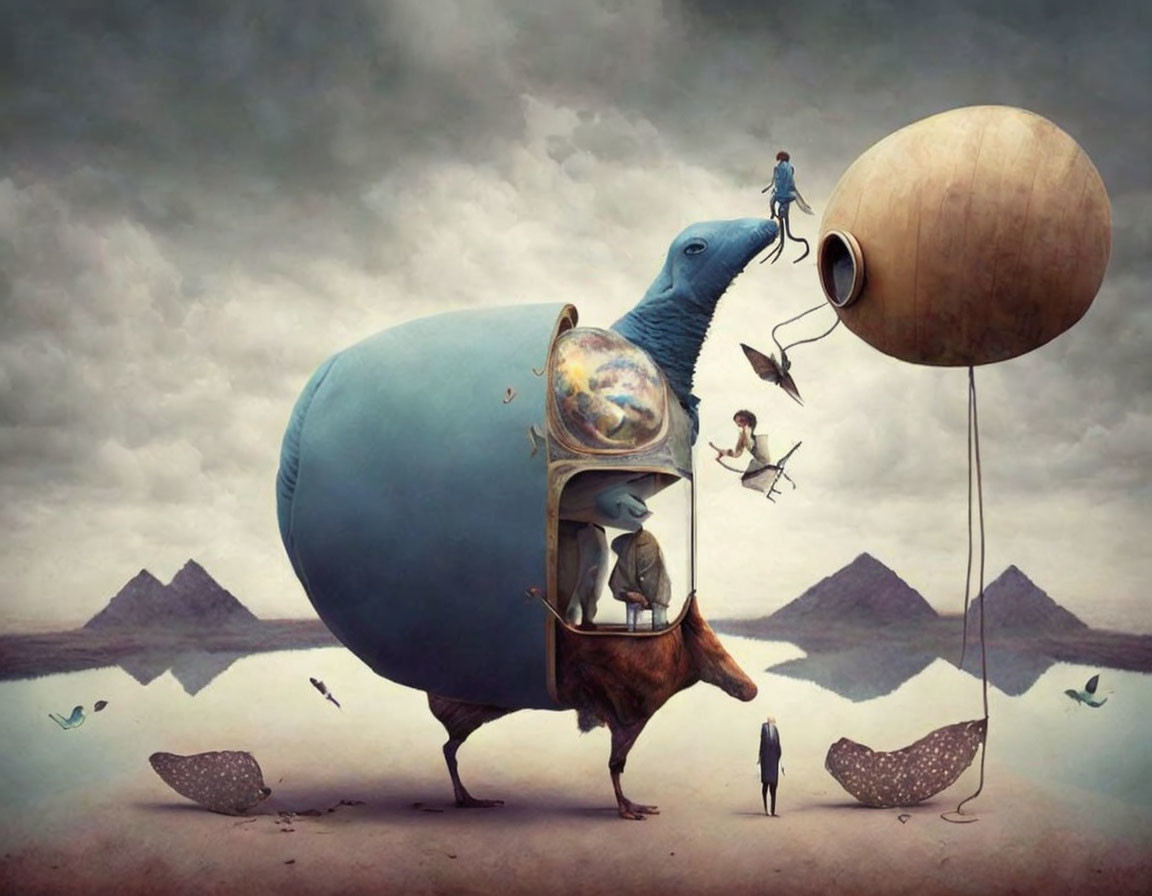 Giant pigeon-bodied creature with capsule and balloon in surreal desert scene