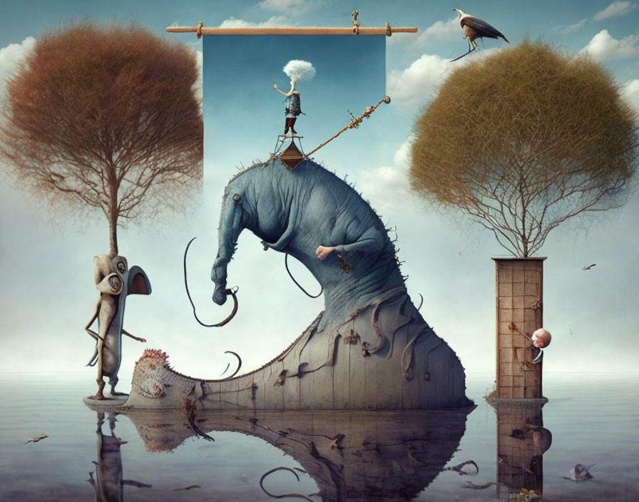 Surreal illustration featuring elephant trunk tree, character painting clouds, crow on bush, eclectic objects in