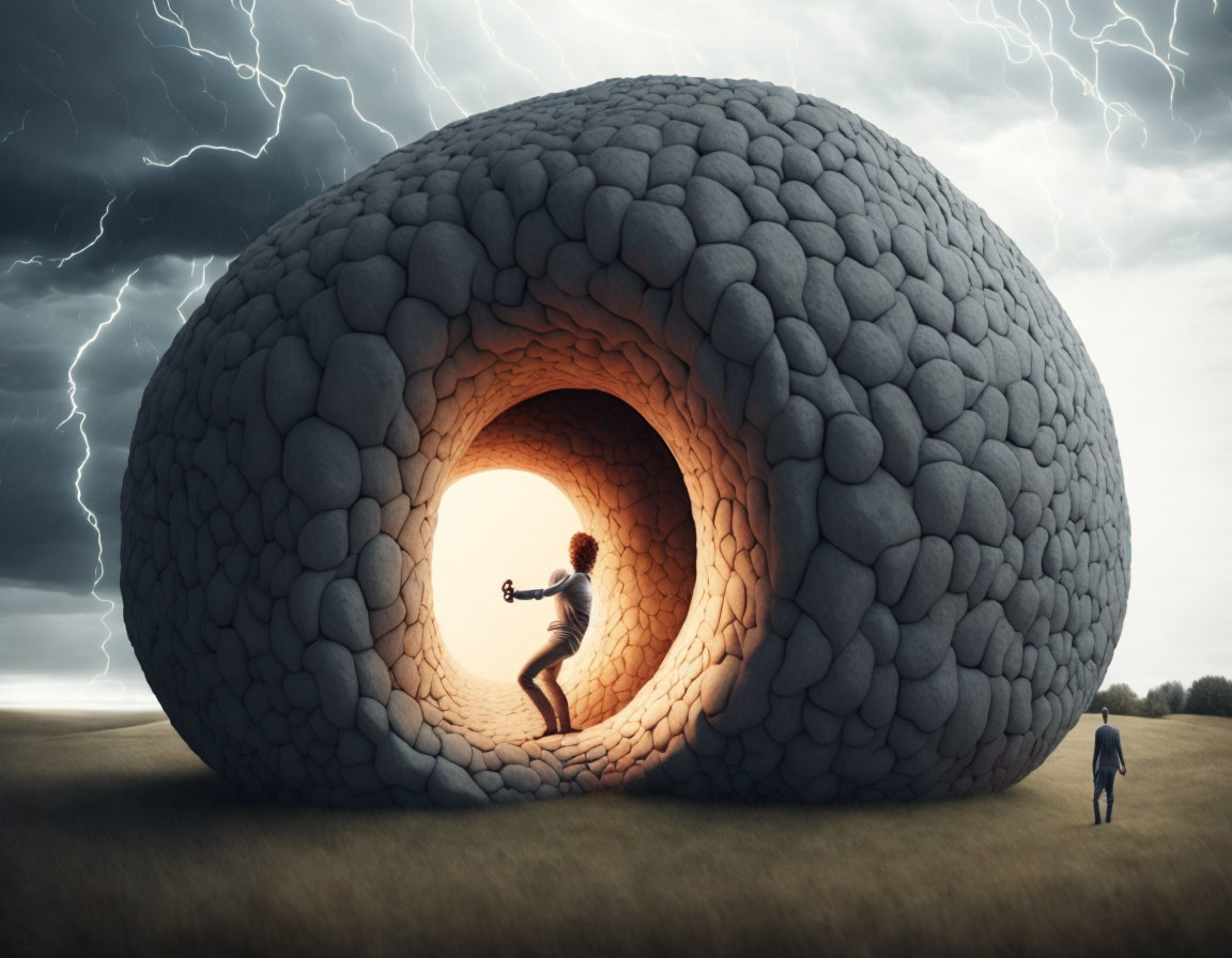 Surreal scene: person in stone sphere, another figure under stormy sky