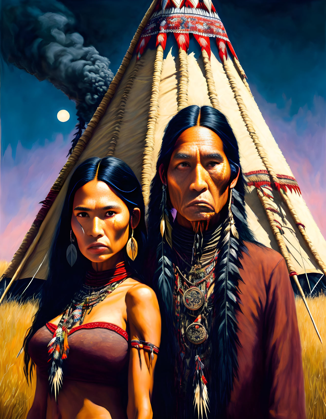 Illustration of Indigenous people in traditional attire near teepee