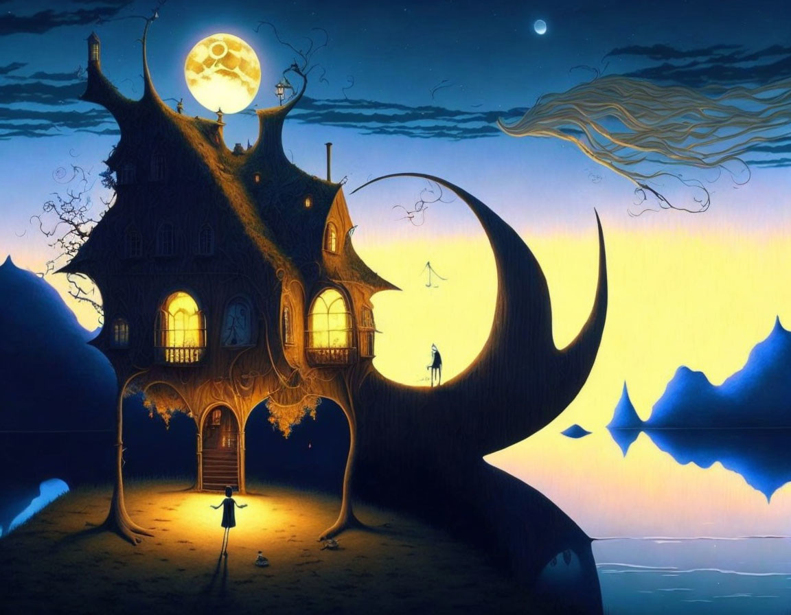 Whimsical house on crescent moon with warm light, night sky, sea, and mountains