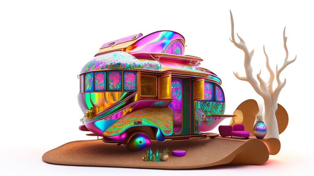 Colorful Psychedelic Snail-Shaped Bus in Surreal Desert Landscape