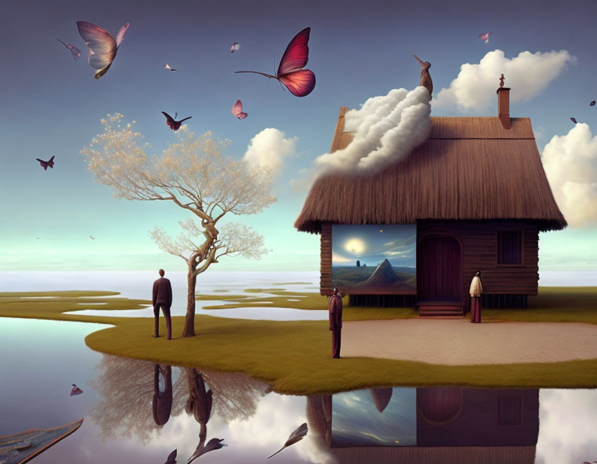 Surreal landscape with thatched cottage, butterflies, tree, figures, and reflective water