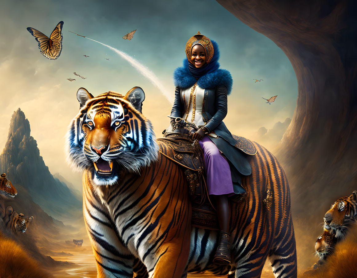 Person in vibrant traditional attire smiles atop majestic tiger in fantastical landscape