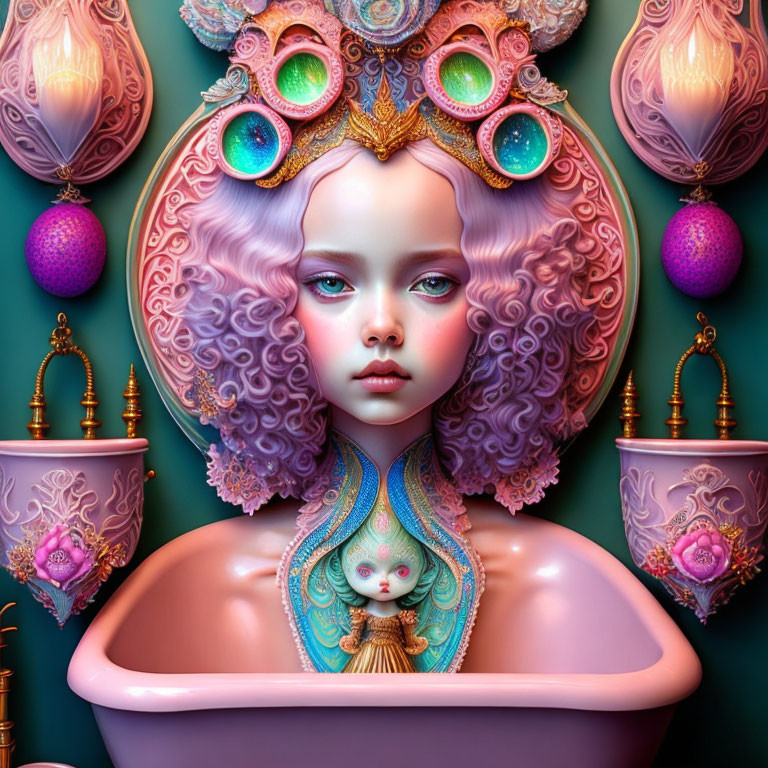 Surreal portrait with purple hair, peacock headdress, lanterns, and doll