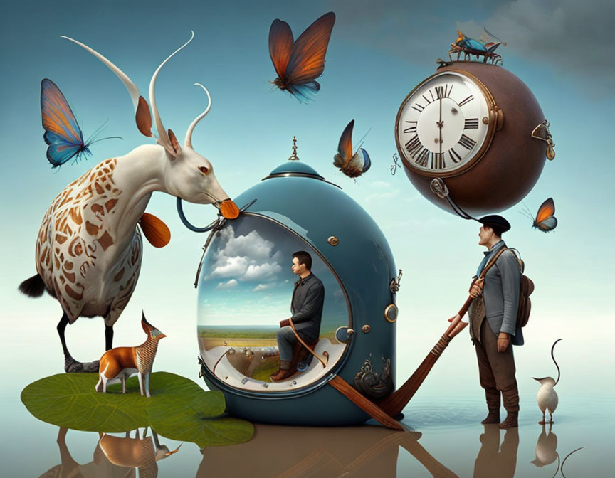 Man in Bubble Sphere with Seascape, Giant Clock, Animals, and Rifle Man