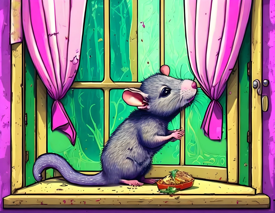 Cartoon mouse with pizza slice by colorful window.