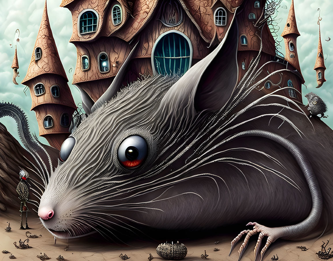 Fantasy illustration of giant gray mouse in surreal setting