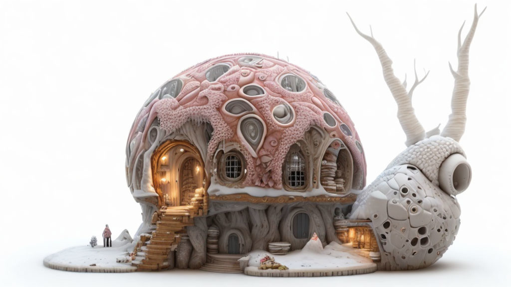 Whimsical snail with pink ornate dome shell as fantasy house