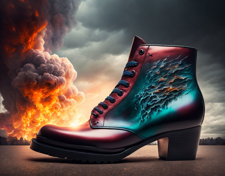 Colorful Gradient High-Heeled Boot with Lightning Design on Dramatic Background