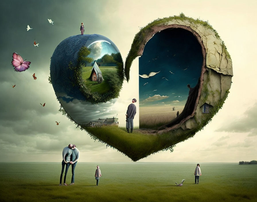 Heart-shaped surreal landscape with scenes of life, love, people, and butterflies.