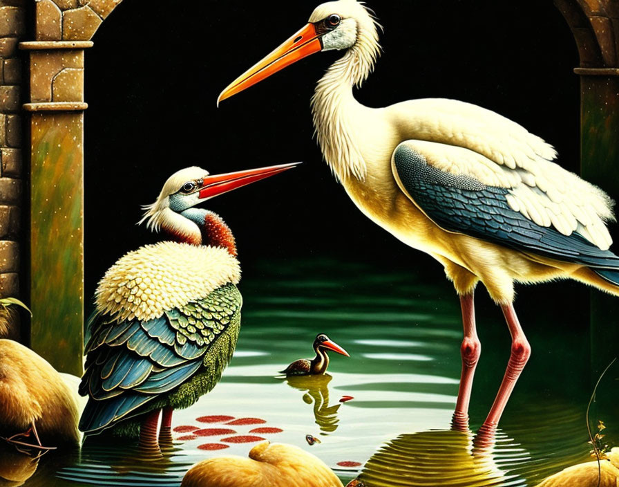 Illustration of storks by pond with duck, eggs, and foliage