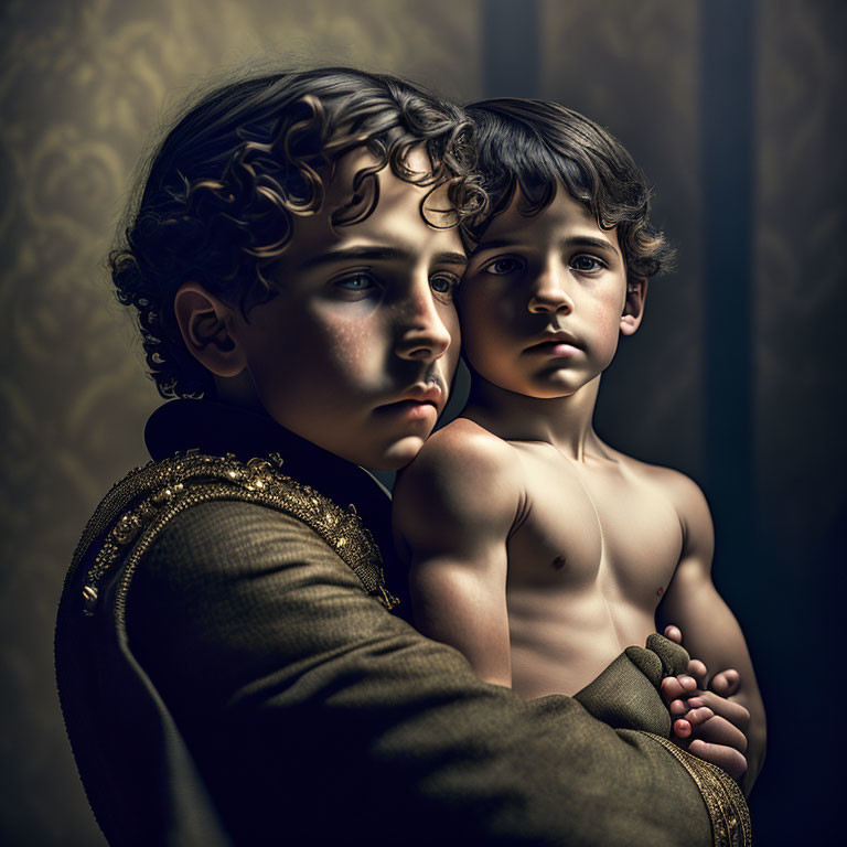 Two Young Boys in Military Jacket and Shirtless Pose Against Textured Backdrop