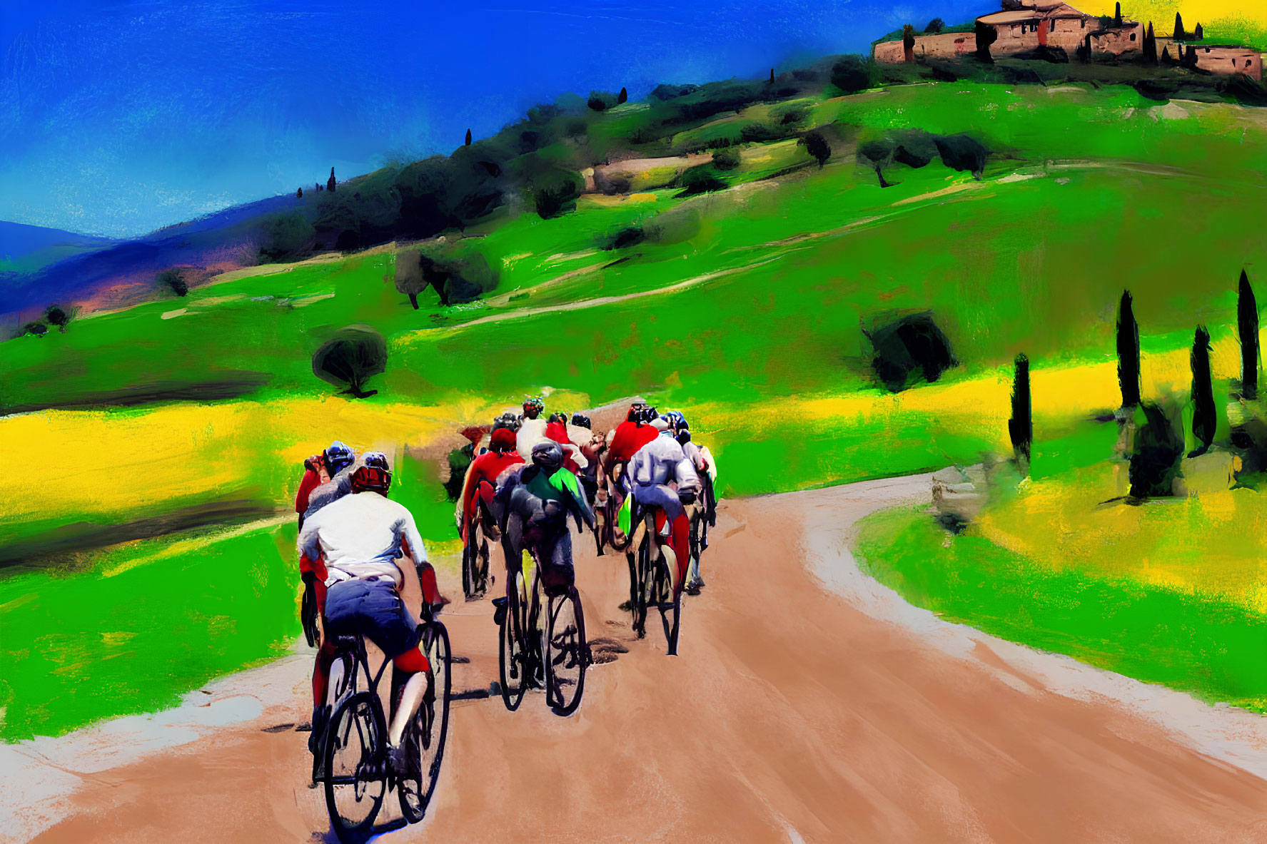 Cycling Group Racing on Winding Dirt Road Landscape