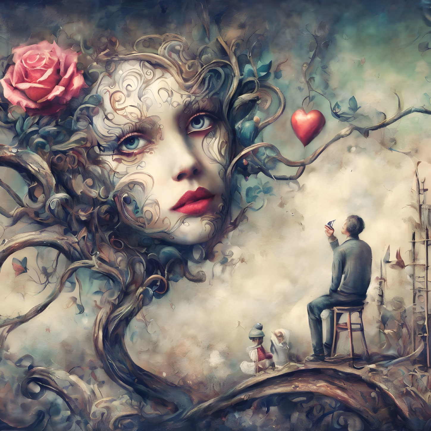 Surreal artwork featuring woman's face, tree vines, rose, heart, man, stool,