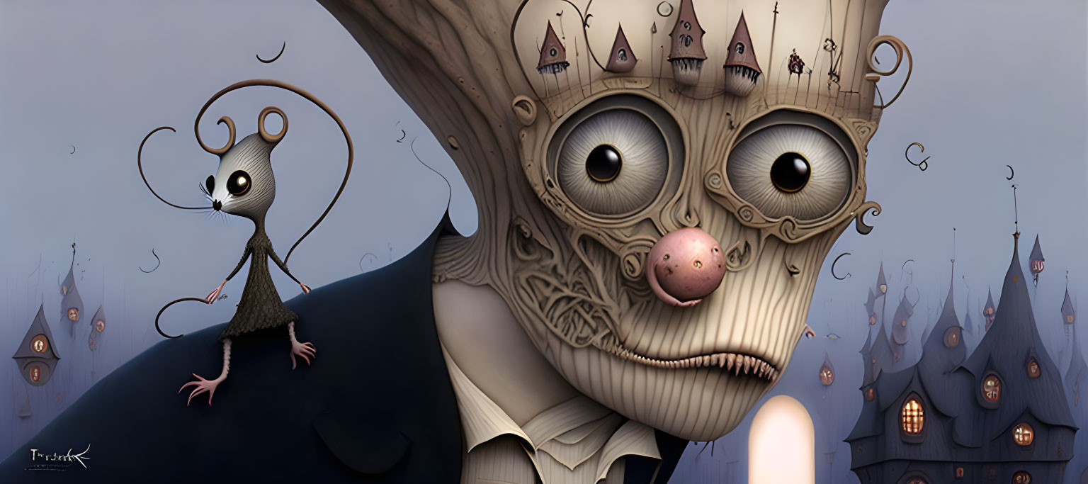 Large character with multiple eyes and small figure in surreal artwork.