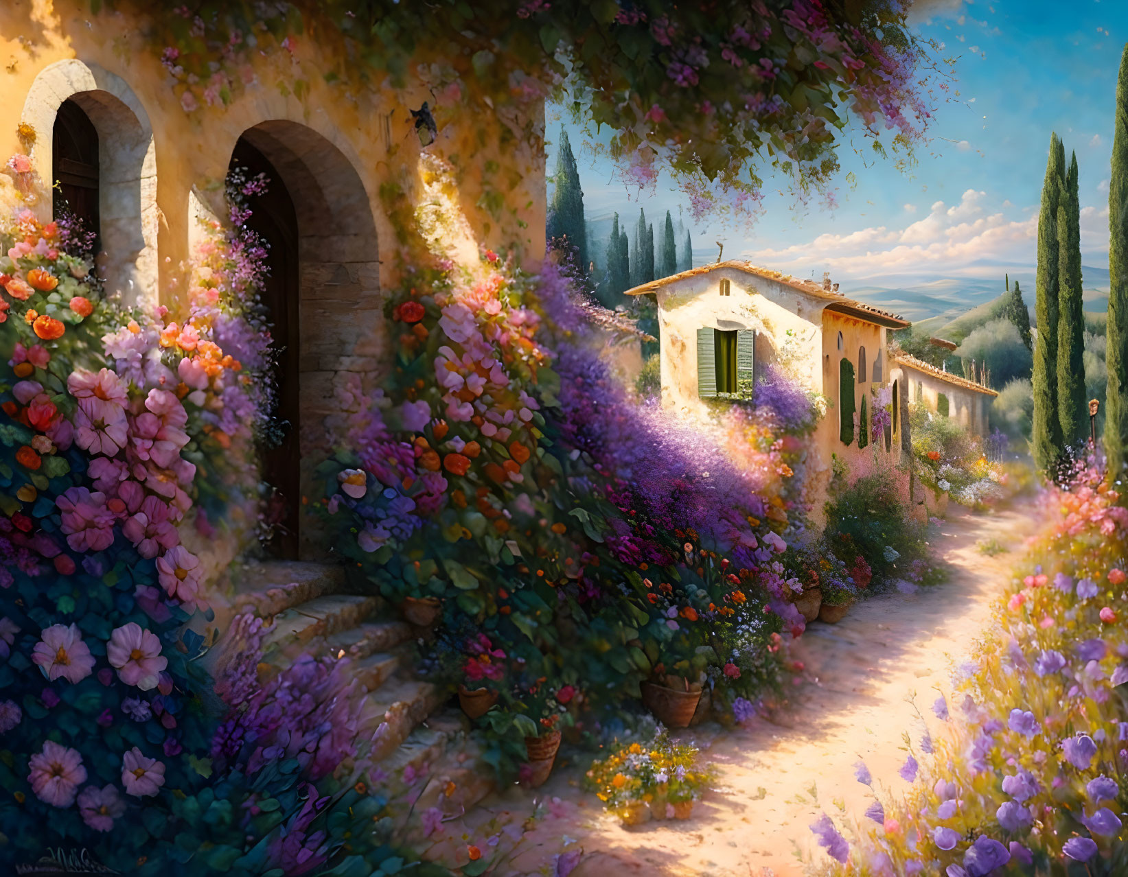 Lively rural painting: stone path, archway, blooming flowers, cottage, clear sky