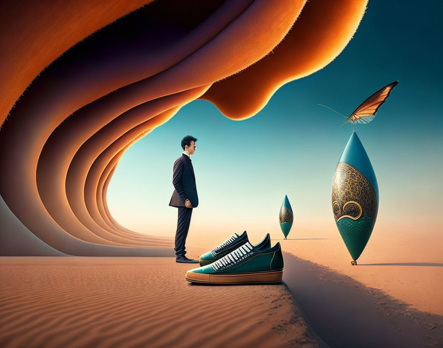 Surreal desert landscape with oversized shoes and swirling sand formations