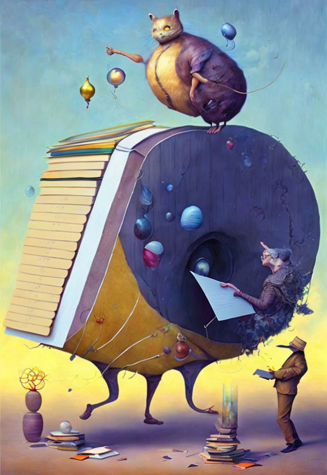 Whimsical painting of giant hamster on book with figures, balloons, and planets