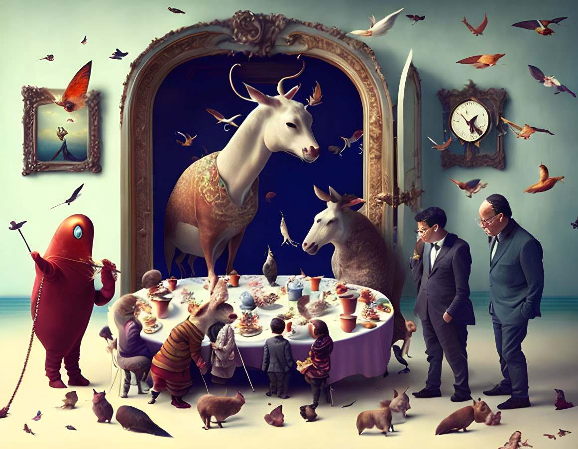 Surreal room with animals, odd characters, mirror, birds, and clock