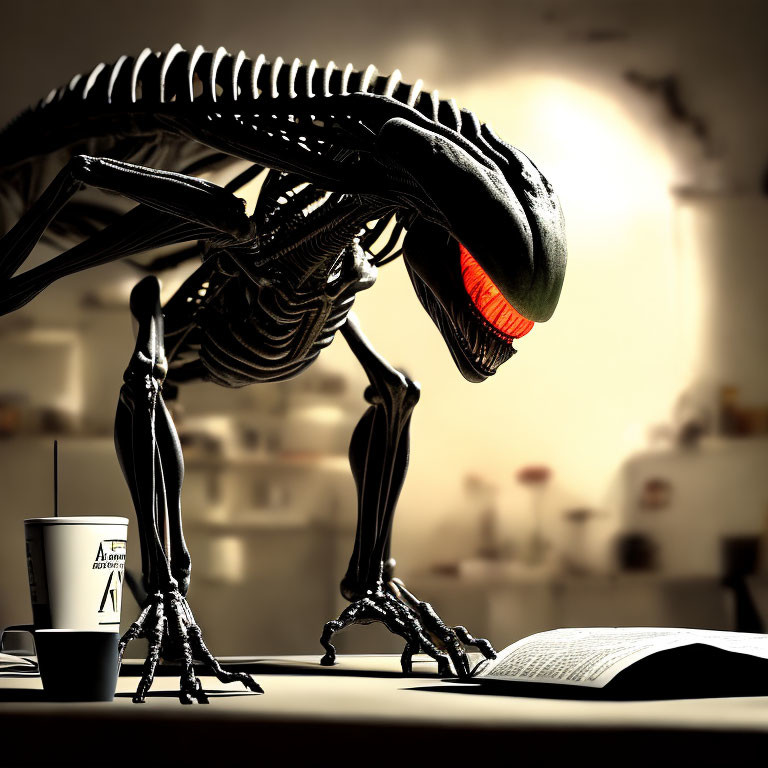 Alien creature with skeletal appearance reading book at desk with coffee cup