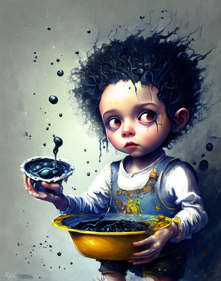 Child with big eyes holding yellow bowl and saucer in digital painting