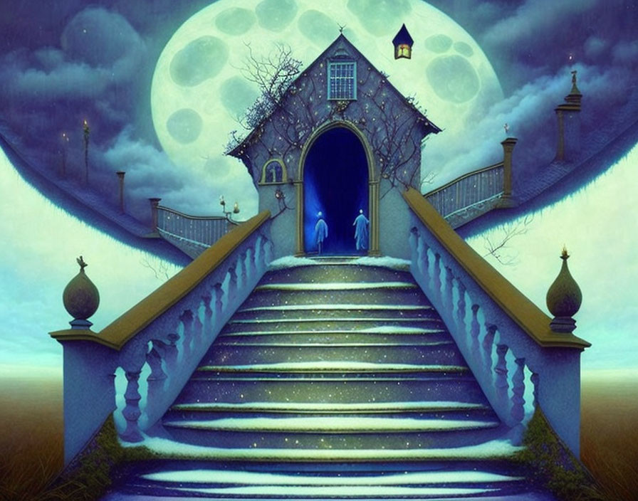 Surreal artwork: person at arched doorway under large moon