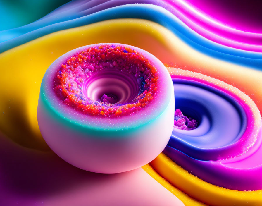 Colorful digital artwork of glossy doughnut-like object with textured center