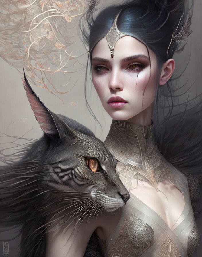 Fantasy portrait of woman with mystical cat and ornate jewelry