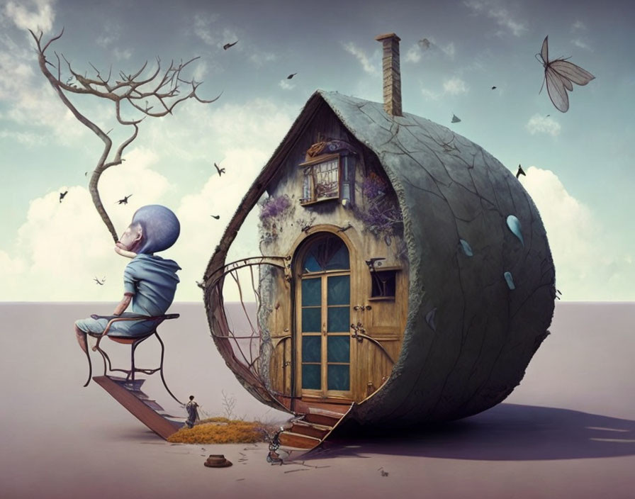 Person with Moon Head Beside Teardrop House and Tree Under Whimsical Sky