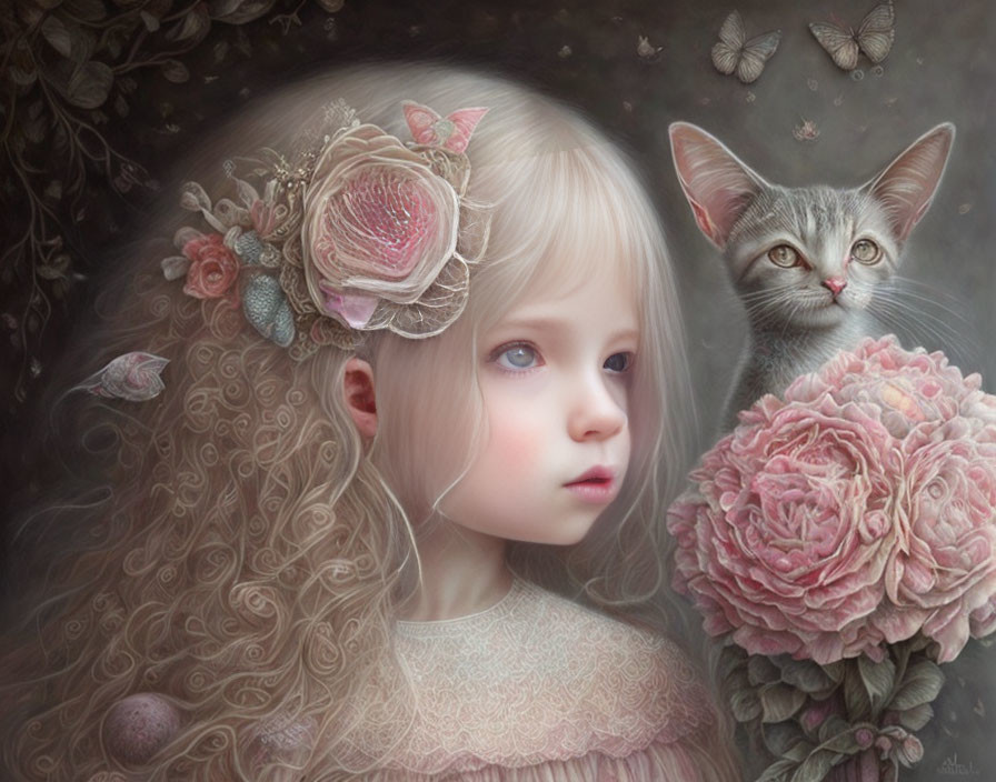 Young girl with floral headpiece and grey cat in dark, moody setting.