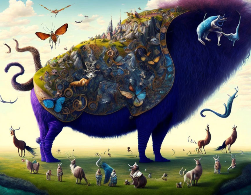 Fantastical digital artwork featuring large creature with ecosystem on its back