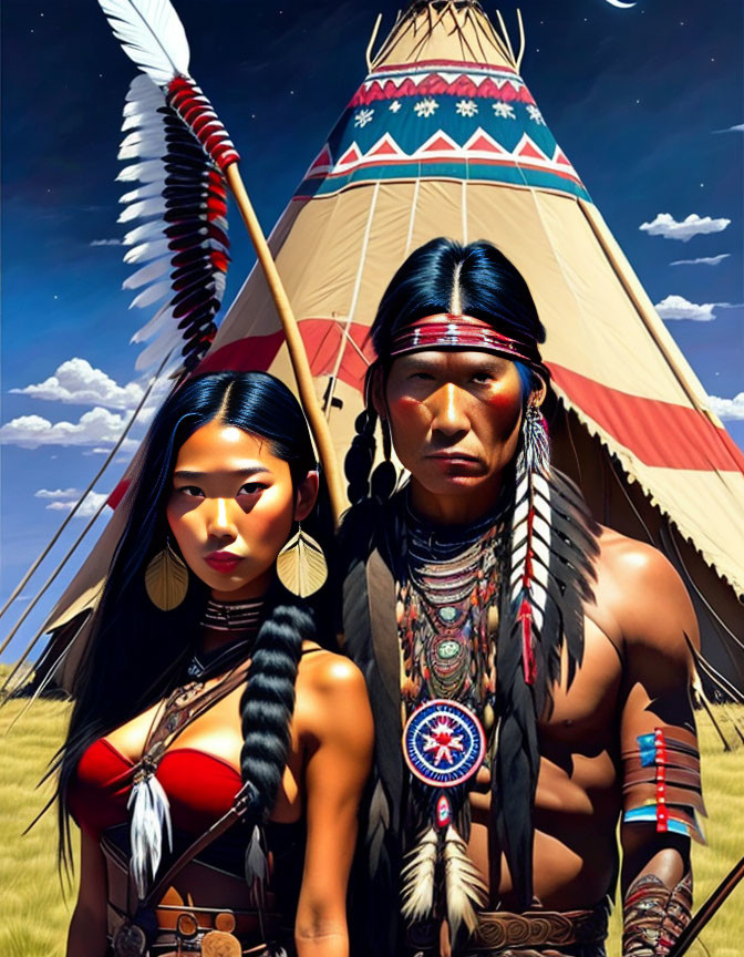 Native American-themed digital artwork with man and woman in traditional attire, teepee, and blue sky.