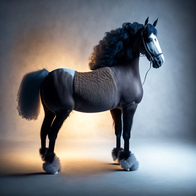 Majestic horse with black mane and bridle on blue background