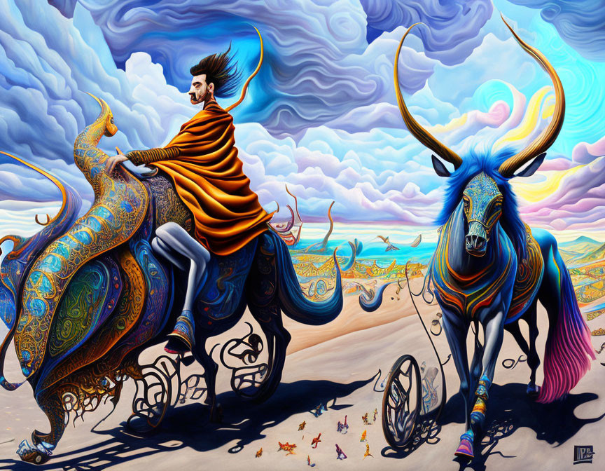 Vibrant orange-cloaked man rides ornate bull in surreal desert landscape