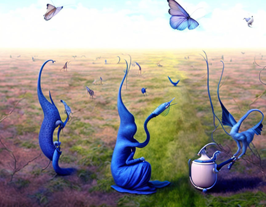 Surreal landscape with trumpet-shaped creatures and butterflies in grassy field