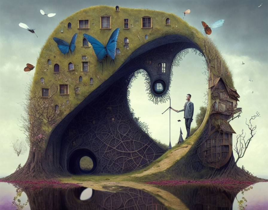 Man in surreal grassy landscape with butterflies, treehouse, and floating island.