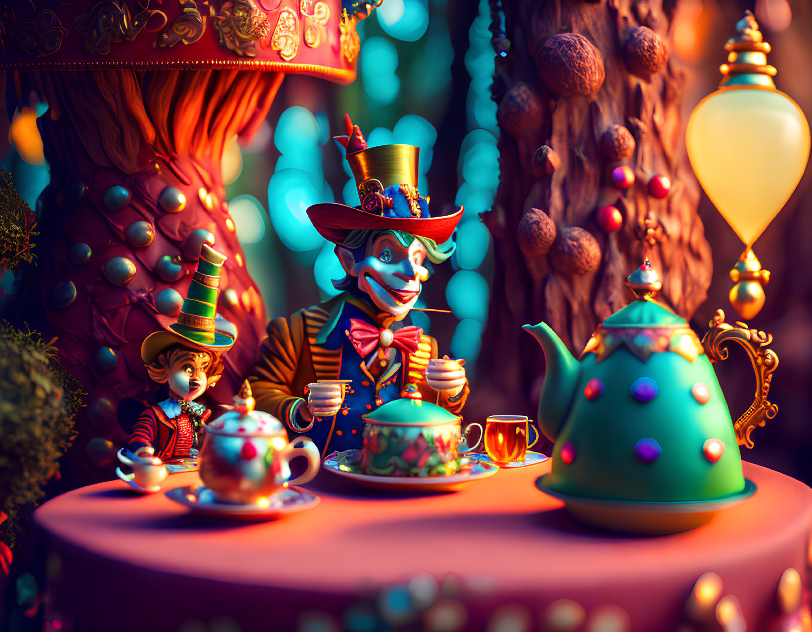 Whimsical Mad Hatter's tea party illustration with colorful teapots and eccentric characters