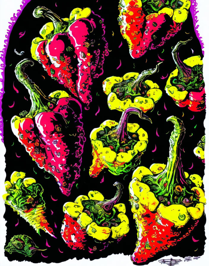 Vibrant red and yellow bell peppers illustration on black background