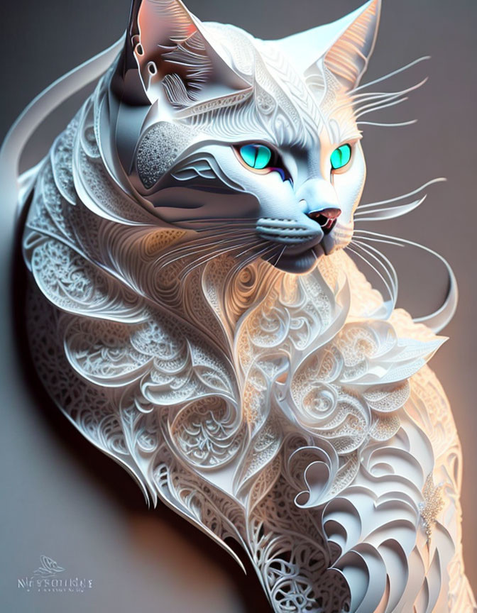 Stylized cat digital artwork with intricate white patterns