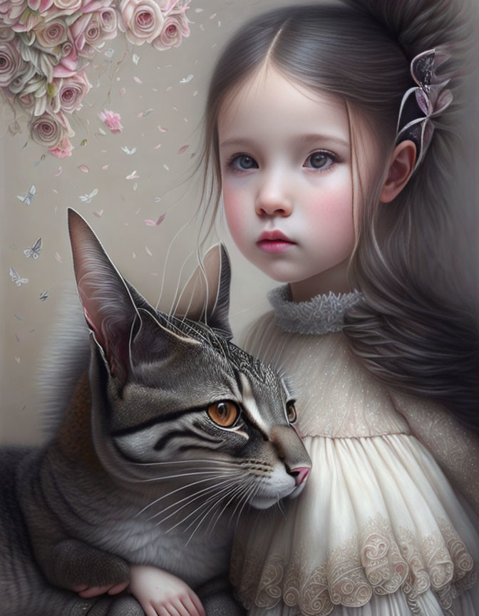 Digital artwork: Young girl with blue eyes and tabby cat in flower-filled scene